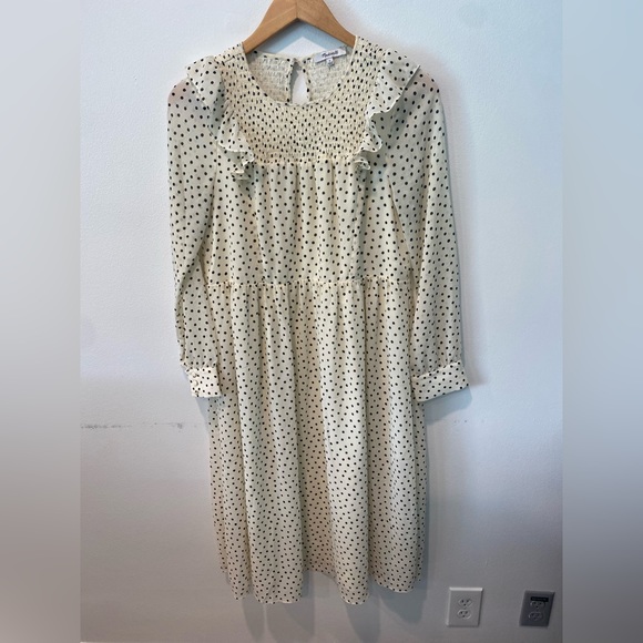 Madewell Smocked Ruffle Shoulder Midi Dress Dots Inkbrush Women's Small - Picture 2 of 6